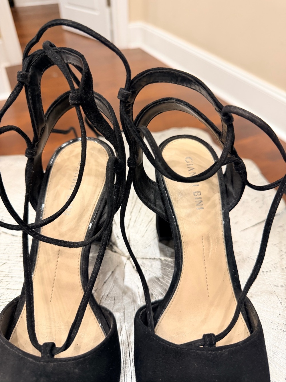 Gianni Bini Black Suede Lace-Up Block Heels